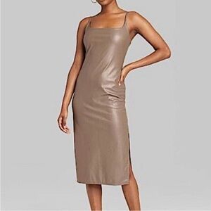 Wild Fable Taupe Brown Midi adjustable strap Faux Leather slit Dress Size Medium